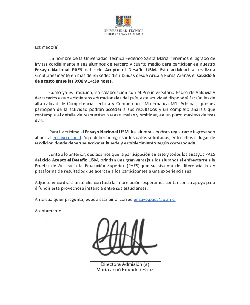 Carta orientadores Ensayo Nacional PAES. USM 2023.